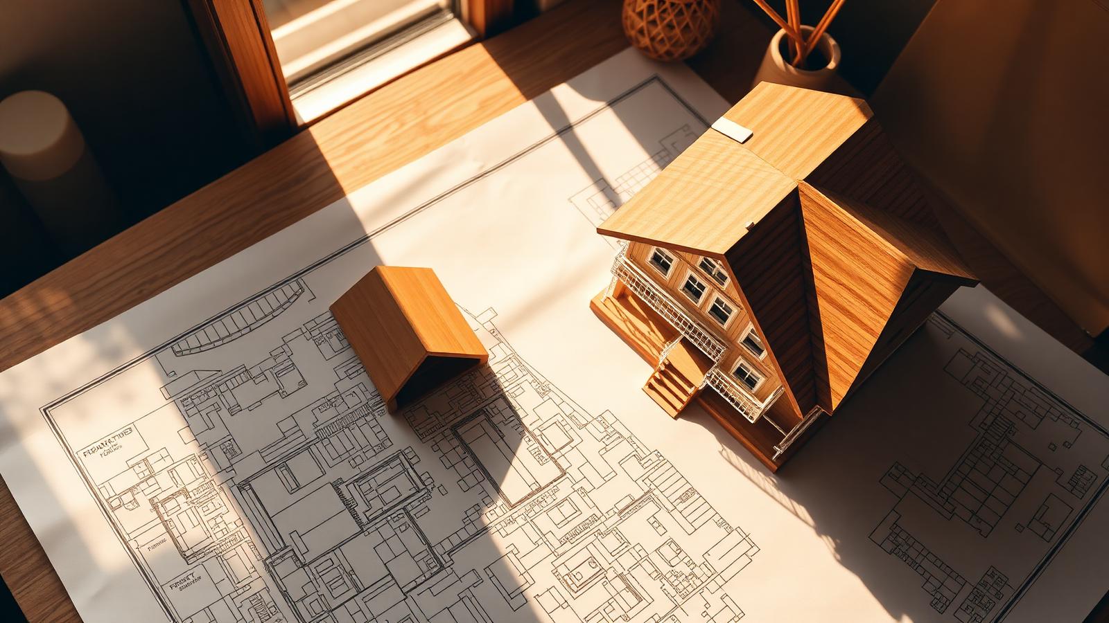 Architectural model and blueprints